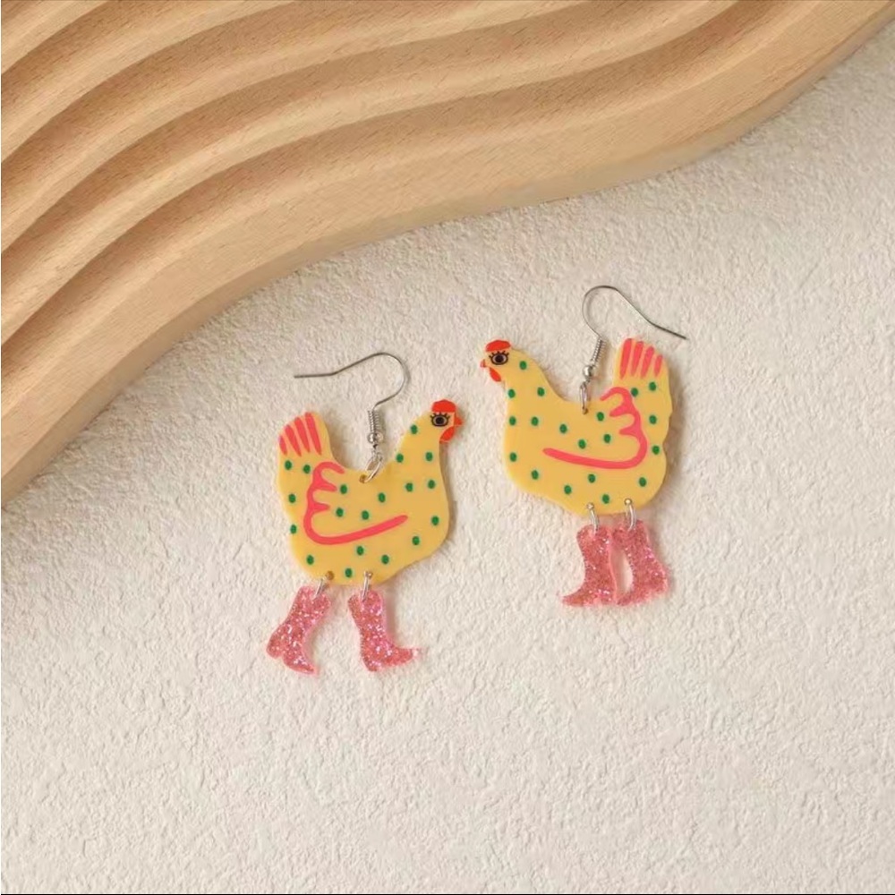 5/$25 ๐ Funny Cute Chicken Cowboy Boots Acrylic Earrings - Picture 2 of 4
